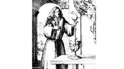 Ein Kupferstich aus dem 18. Jahrhundert zeigt einen Mann mit langen Locken, der ein historisches Wettermess-Instrument bedient: Auf einem Tisch steht eine verzierte Glasschüssel, darin steckt ein Stab, an dessen Ende sich eine Glaskugel befindet.