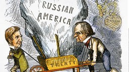 Zeitgenössische US-amerikanische Karikatur über den Ankauf von Alaska (dargestellt sind Außenminister William H. Seward und Präsident Andrew Johnson