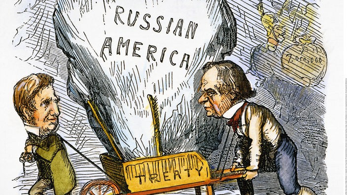Zeitgenössische US-amerikanische Karikatur über den Ankauf von Alaska (dargestellt sind Außenminister William H. Seward und Präsident Andrew Johnson