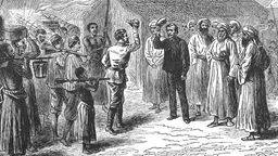 Illustration wie Henry Stanley den vermissten Missionar David Livingstone findet