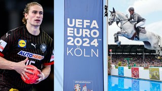Handballer Juri Knorr (l.), Werbung für die EURO (m.) und der CHIO Aachen