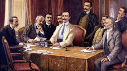 Giovanni Agnelli (Mitte) mit Fiat-Mitgründern, Gemälde Ende 19. Jhdt.