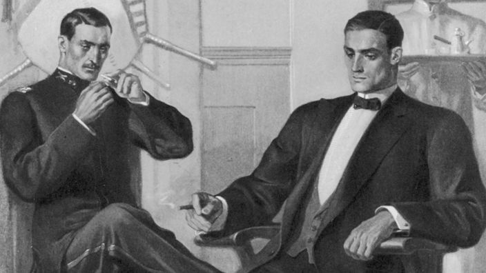 In Stuhl sitzender Herr trägt Tuxedo Jacket / Modezeichnung um 1900