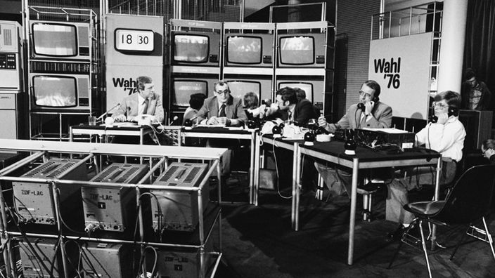 Blick in ein Wahlstudio zur Bundestagswahl am 3. Oktober 1976 um 18:30 Uhr