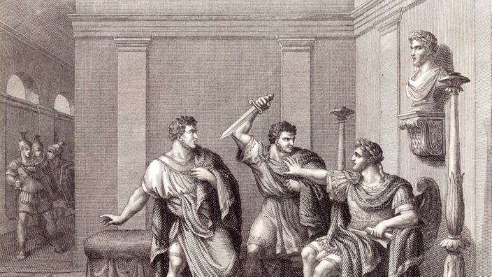 Caracalla erhebt Schwert zur Ermordung von Senator Plautian (Radierung)