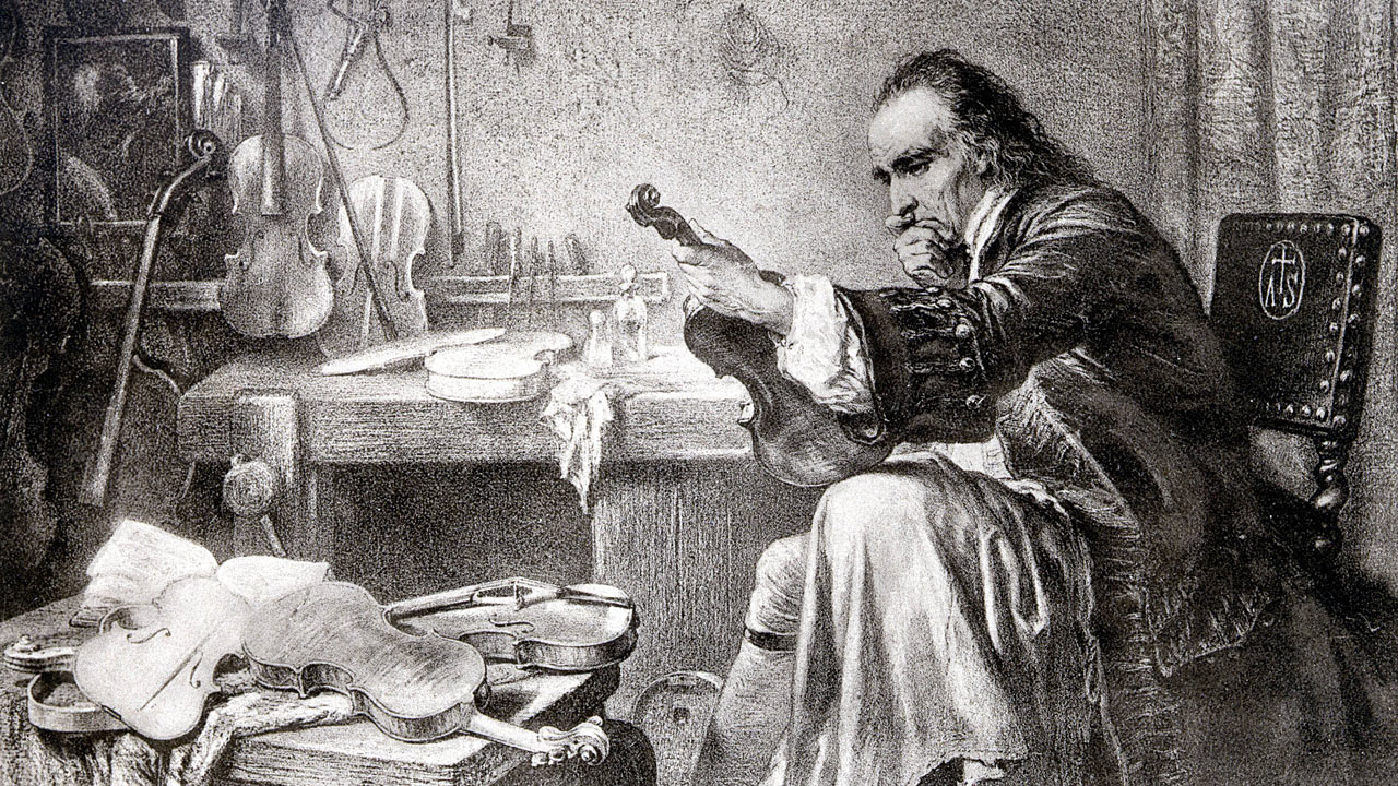Stradivari in seiner Werkstatt an einer Geige arbeitend (Stich s/w)
