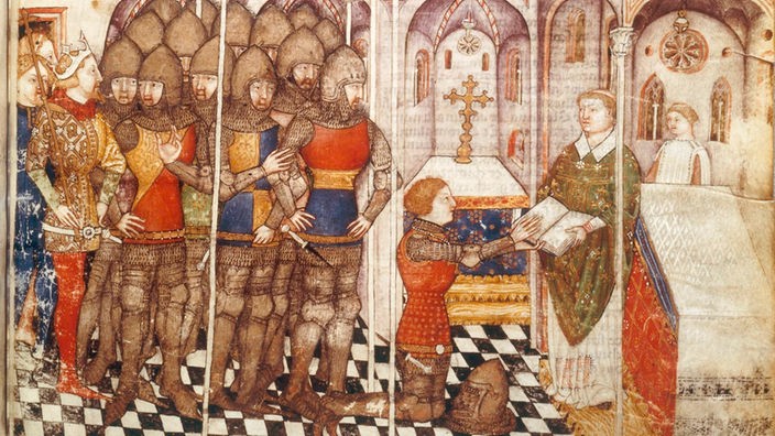 König Artus (l.) ist beim Eid eines Ritters seiner Tafelrunde anwesend (Buchillustration aus dem 14. Jahrhundert)