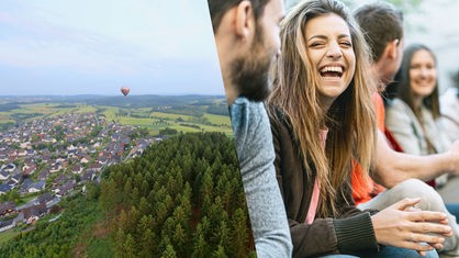 linkes Bild: Siedlungslandschaft mit Wald, darüber fährt ein Heißluftballon; rechtes Bild: lachende Frau in einer Menschengruppe