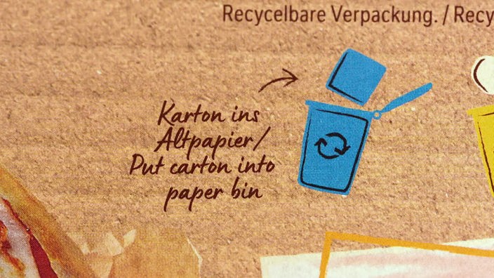 Das Bild zeigt eine Zeichnung einer blauen Tonne, daneben steht "Kartons ins Altpapier".