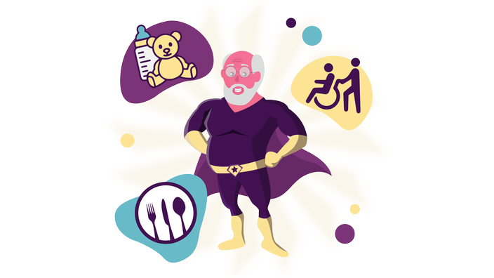 Die Illustration zeigt einen älteren Mann im Superhelden-Kostüm, um ihn herum sind verschiedene Symbole, Besteck symbolisiert Ehrenamt, eine Person im Rollstuhl steht für Pflege und ein Teddybär und ein Fläschen stehen für Kinderbetreuung.