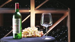 Das Bild zeigt eine Flasche Wein und ein Weinglas.