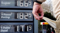 Leere Hosentasche vor Zapfsäule mit Benzinpreisen in Rekordhöhe