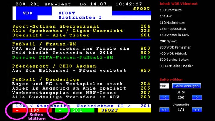Auf einer WDR-Sport-Seite sind Plus- und Minus-Zeichen mit rosa Kreisen gekennzeichnet. 