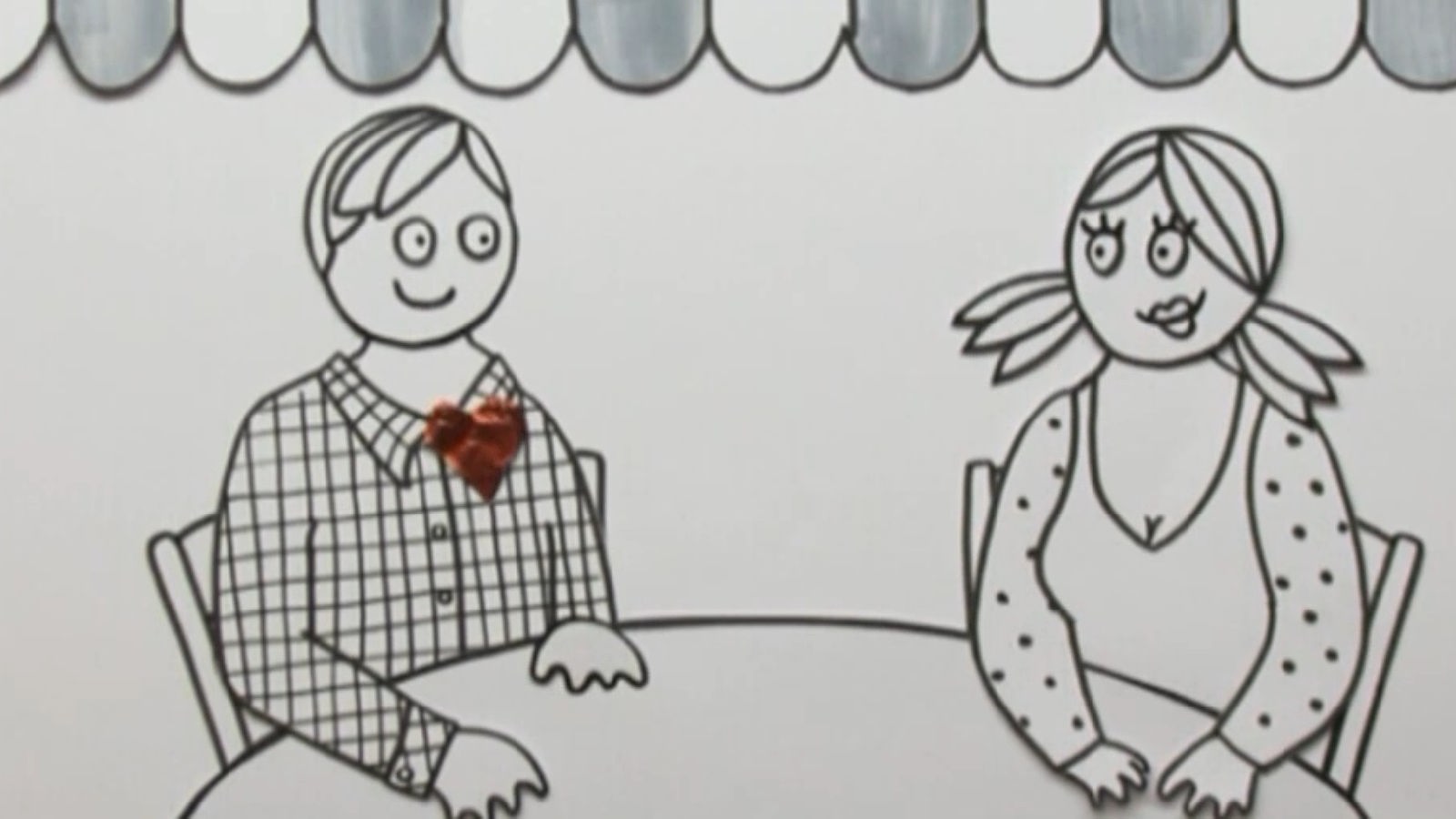 Zeichnung: Ein Pärchen sitzt an einem Tisch. Bei dem Mann ist das Herz symbolisch rot hervorgehoben.