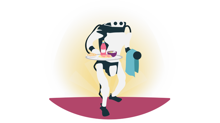 Illustration: Ein aufrechtgehender, weißer Roboter trägt ein Tablett und über dem anderen Arm ein Tuch.