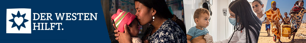 Collage: Der Westen hilft; Mutter küsst Kind, Ärztin untersucht Kind, Frauen tragen Wasserkanister