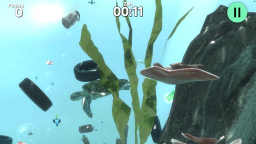 Game-Screenshot: Müll schwimmt im Meer