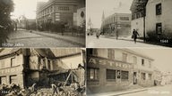 Collage: Der Gasthof Müller in den 1920er Jahren, 1944 vor und nach der Zerstörung und in den 1950er Jahren