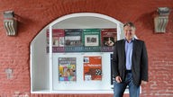 Karlheinz Wiegmann vor Plakaten von Schloss Rheydt