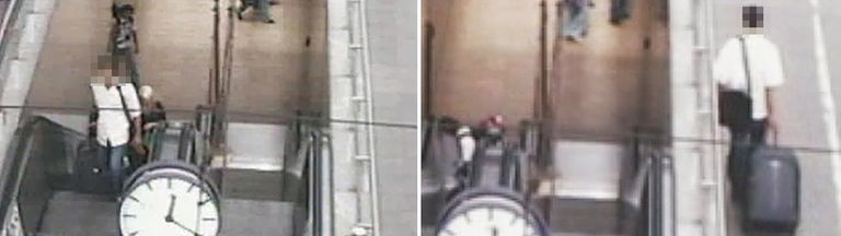 Die Kombination von zwei Videoszenen aus einer Überwachungskamera der Bahn vom Hauptbahnhof in Köln zeigt den mutmaßlichen Bombenleger Jihad H. auf einer Rolltreppe (l) und auf einem Bahnsteig mit Koffer 