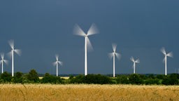 Schnell drehen sich die Rotoren von Windrädern in einem Windenergiepark