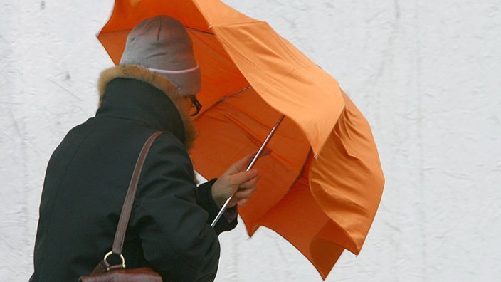 Frau mit Schirm im Sturm