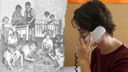 Montage mit einem Foto aus einem Kinderheim in den 50er Jahren in Kombination mit einer Frau, die am Telefon berät