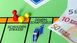 Kommunen Schulden, Monopolyspiel leere Kassen Geld und Spielfiguren