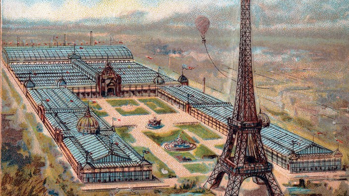 Lithografie des Eiffelturms 1889 bei der Weltausstellung