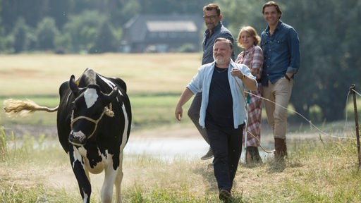 Thomas (Axel Prahl, vorne) möchte sich mit der Kuh Gloria anfreunden. Jutta (Dagmar Manzel), Gerd (Max Hopp, r.) und Ulli (Matthias Freihof) schauen zu.