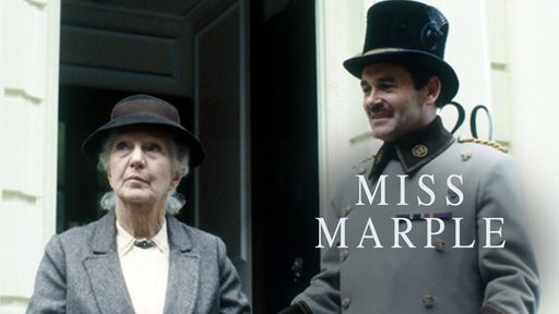 Auf dem Bild sieht man auf der linken Seite eine ältere Frau mit Hut und auf der rechten Seite einen Mann mit Uniform und Hut. Auf dem Bild ist der Schriftzug "Miss Marple".