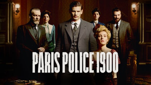 Auf dem Bild sieht man zwei Frauen und vier Männer. Auf dem Bild ist der Schriftzug "Paris Police 1900".