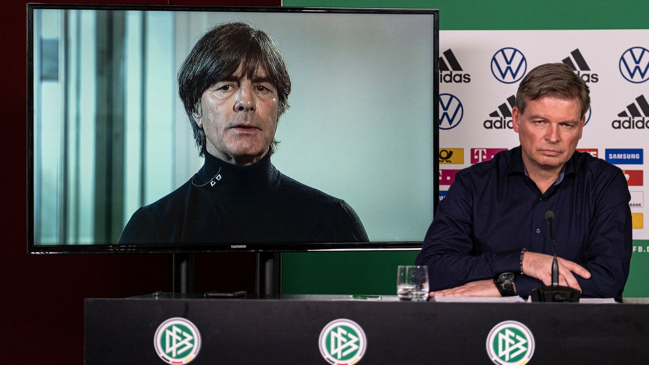 Deutscher Fußball Bund (DFB) Video-Pressekonferenz am 18. März 2020 als Reaktion auf die Ereignisse der vergangenen Tage rund um die Corona-Pandemie.