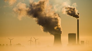 Ein Kohlekraftwerk und Windräder produzieren Strom. Rauchsäulen steigen auf.