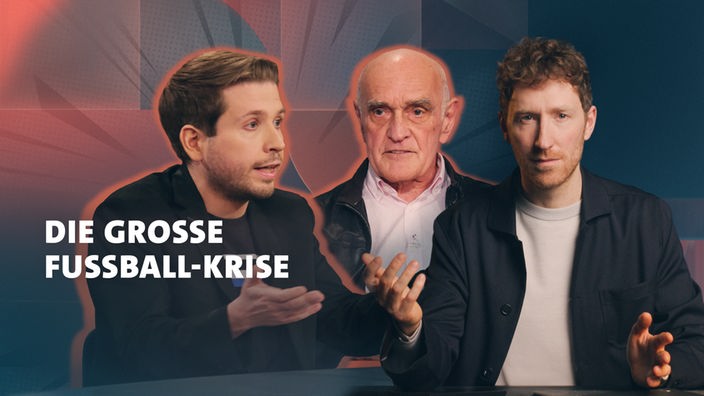 "Die grosse Fußballkrise" - Kevin Kühnert und Martin Kind nebeneinander im hart aber fair Studio und rechts sitzt Louis Klamroth