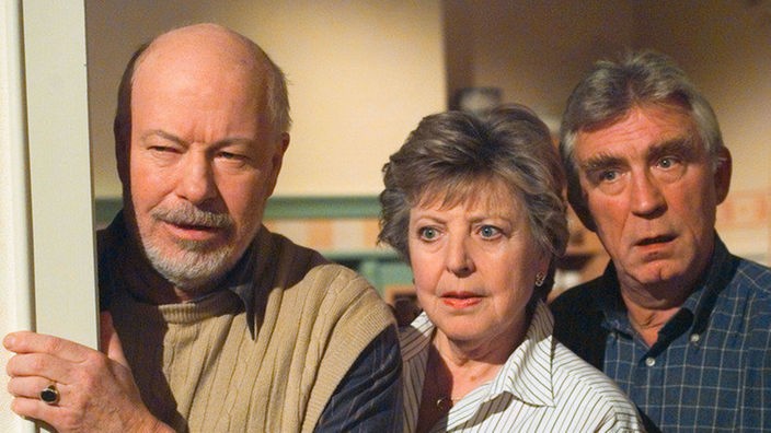 Erich (Bill Mockridge, links), Helga (Marie-Luise Marjan) und Bruno (Heinz Marecek) blicken verwundert auf Harrys eigenartigen Besucher.