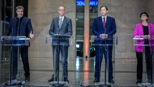 Markus Söder (l-r), Friedrich Merz, Lars Klingbeil, und Saskia Esken