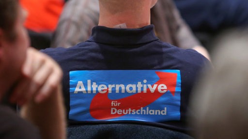 Partei-Logoder AfD auf Rückseite der Jacke angebracht