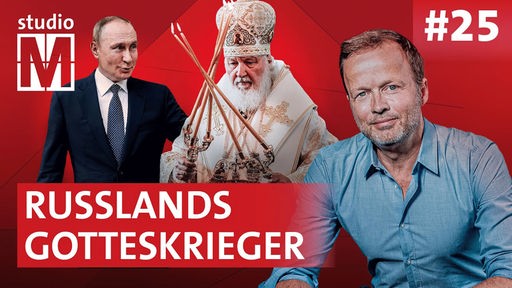 Titel: Russlands Gotteskrieger. Im Hintergrund Putin und Patriarch Kyrill, im Vordergrund Georg Restle