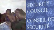 Collage aus Handyvideo mit Folterszenen und UN-Schriftzug