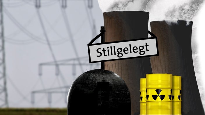Montage: Atommeiler mit Schild "stillgelegt"