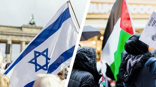 links: Kundgebung für Solidarität mit Israel in Berlin am 22.10.2023 / rechts: pro-palästinensische Demonstration in Minden am 27.10.2023