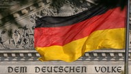 Die Deutschland-Fahne weht vor dem Reichstag in Berlin, auf dem der Spruch "Dem deutschen Volke" zu lesen ist. 