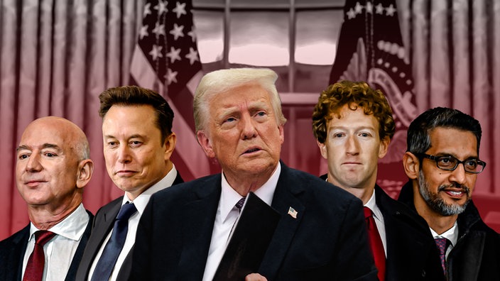 Collage: Jeff Bezos, Elon Musk, Donald Trump, Mark Zuckerberg und Sundar Pichai (v. l. n. r.)