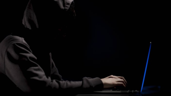 Eine Person mit Kapuze sitzt vor einem Computer (Symbolfoto)