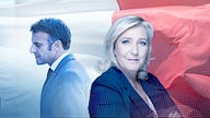 Marine Le Pen und Emmanuel Macron vor einer französischen Flagge