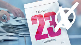 Ein Kalender, auf dem das Datum 23. Februar 2025 angezeigt wird. Daneben ein Wahlkreuz