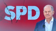 Olaf Scholz vor einem zerbrechenden SPD-Logo