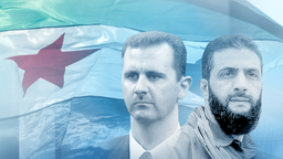 Die Syrische Flagge, im Vordergrund die Gesichter von Baschar al-Assad und HTS-Anführer al-Dscholani