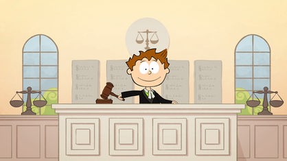 Comicfigur mit Hammer am Richterpult